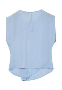 Blusa azzurro chiaro a maniche corte con scollatura rotonda e chiusura posteriore con bottone. Tessuto morbido e fluido con un orlo arrotondato.
