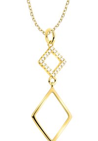 Guldkæde med en diamantformet vedhæng med en klar stelframe og en vedhæftet åben diamantform nedenfor.