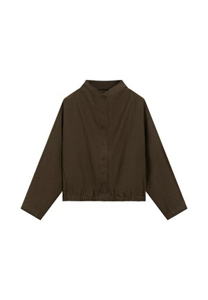 Chemise marron à manches longues avec boutons, col haut et ourlet élastique, présentée à plat sur fond blanc.