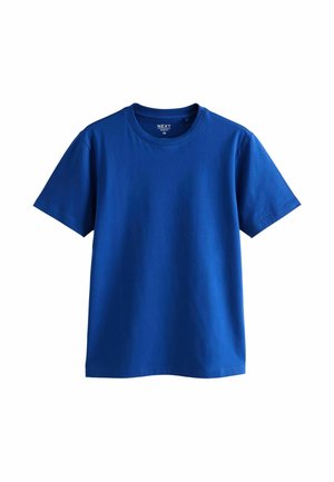 T-shirt bleu à manches courtes avec col rond, coupe ajustée, taille moyenne, présenté sur fond blanc.