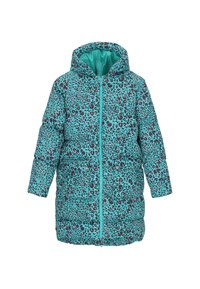 Prošívaný kabát s tyrkysovým základem a černými leopardími skvrnami. Má kapuci, zapínání na zip a dvě přední kapsy. Hladká textura.