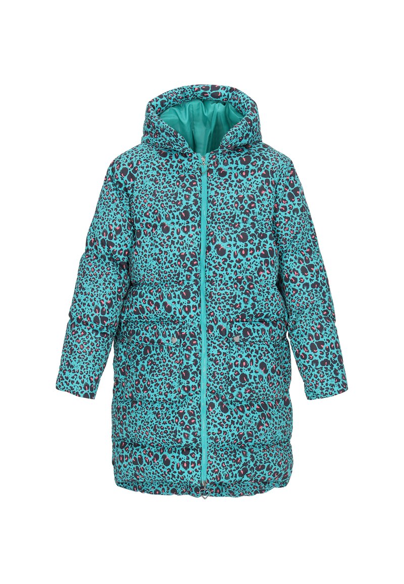 Prošívaný kabát s tyrkysovým základem a černými leopardími skvrnami. Má kapuci, zapínání na zip a dvě přední kapsy. Hladká textura.
