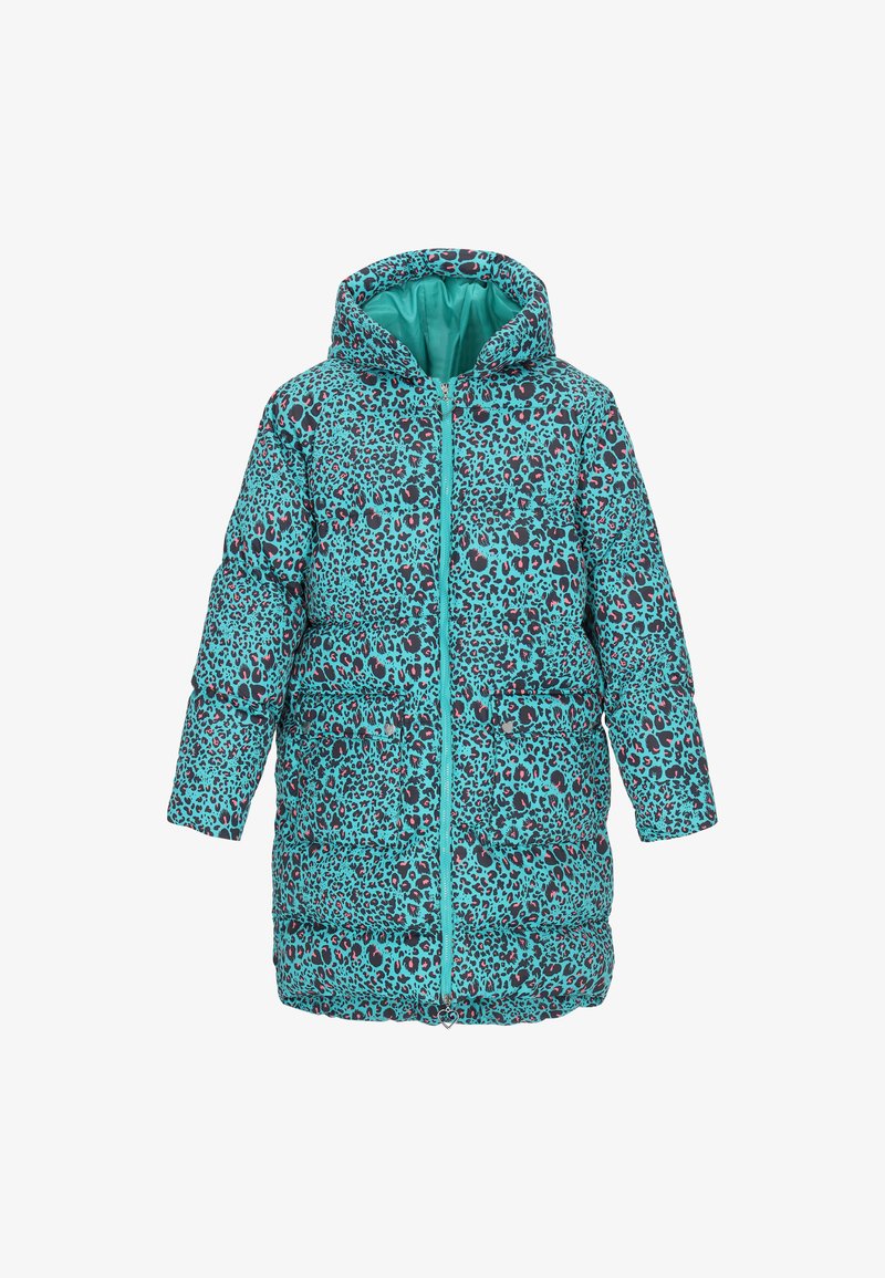 Prošívaný kabát s tyrkysovým základem a černými leopardími skvrnami. Má kapuci, zapínání na zip a dvě přední kapsy. Hladká textura.