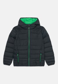 Schwarze Pufferjacke mit grünem Innenfutter, Kapuze und Frontreißverschluss. Verfügt über zwei seitliche Reißverschlusstaschen mit grünen Akzenten und gesteppter Textur.