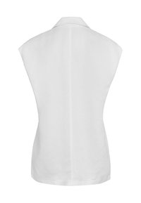 Weiße ärmellose Bluse mit klassischem Kragen, geradem Schnitt und glatter Textur, ohne sichtbare Muster oder Verzierungen.