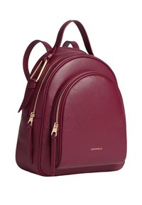 Bordeaux leren rugzak met een ronde vorm, twee ritscompartimenten en gouden hardware. Gladde textuur met zichtbare stiksels.