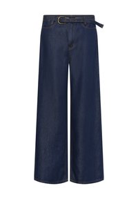 Tmavě modré džíny s širokými nohavicemi, s připojeným páskem z odpovídajícího denimu a mosaznou sponou, s předními kapsami a kontrastním oranžovým prošitím.