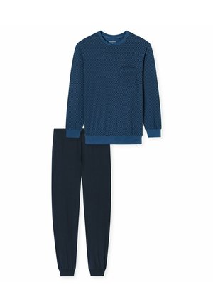 Blå långärmad topp med en strukturerad design och matchande mörkblå byxor med elastiska muddar och midja. Tillverkad av bomull.