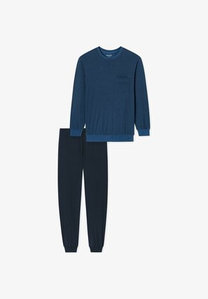 Blauwe lange mouwen top met een textuurpatroon en bijpassende donkerblauwe broek met elastische manchet en tailleband. Gemaakt van katoen.