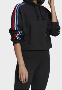 Svart hoodie med en kortad design, som har röda, vita och blå ränder längs ärmarna och en dragsko i huvan. Mjuk tygtextur.