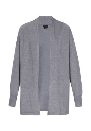 Cardigan gri cu un design deschis în față, mâneci lungi, manșete cu model și o textură moale din tricot. Fără închideri sau ornamentații.