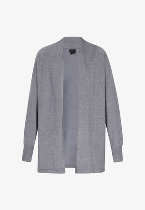 Gray cardigan with an open front design, long sleeves, ribbed cuffs, and a soft knit texture. No fastenings or embellishments.