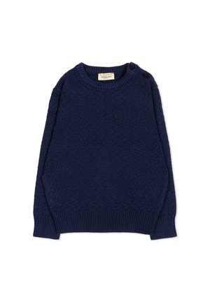 Granatowy sweter z dzianiny z okrągłym dekoltem, teksturowanym wzorem, ściągaczami przy rękawach i u dołu oraz dwoma guzikami na lewym ramieniu.