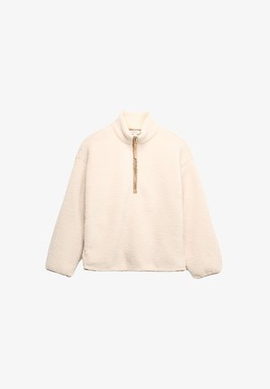 Fleece pullover in crème kleur met een hoge kraag en korte rits. Kenmerkt zich door een gestructureerd oppervlak en verlaagde schouders voor een ontspannen pasvorm.
