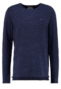 Marinblå långärmad tröja med rundad halsringning, med subtil melerad textur och liten Tommy Hilfiger-logo på vänster bröst.