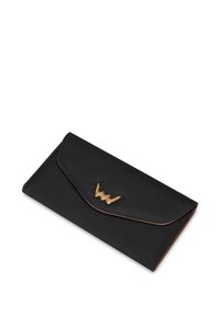 Black textured wallet with a gold metal accent and stitched edges, featuring a flap closure that overlaps the body.