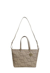 Borsa a tote beige realizzata in materiale sintetico testurizzato, caratterizzata da un motivo geometrico, doppi manici e una tracolla removibile.