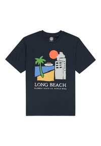Navyblauwe katoenen t-shirt met een grafisch ontwerp van een palmboom, een boot, de zon en een gebouw, met daaronder de tekst "LONG BEACH" in het wit.