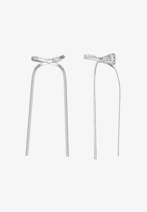 Silver satin ribbon with a smooth texture and shiny finish, featuring bow details on either end and long, trailing ties.