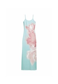 Rochie fără mâneci din material albastru deschis, cu un mare design floral roz pe o parte. Textură netedă, siluetă ajustată, de lungime medie.