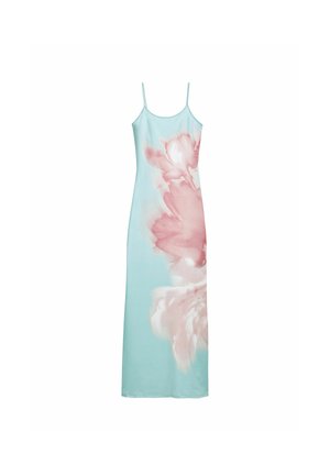 Sleeveless dress in light blue fabric with a large pink floral design on the side. Smooth texture, form-fitting silhouette, mid-length.