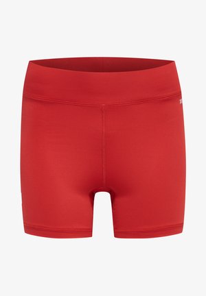 Rode sportieve shorts van rekbaar materiaal, met een gladde textuur, een aansluitend ontwerp, een brede tailleband en een knielange snit.