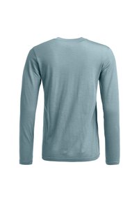 Light blue long-sleeve t-shirt made from soft fabric, featuring a round neckline and a smooth texture. Back view shows no additional details.