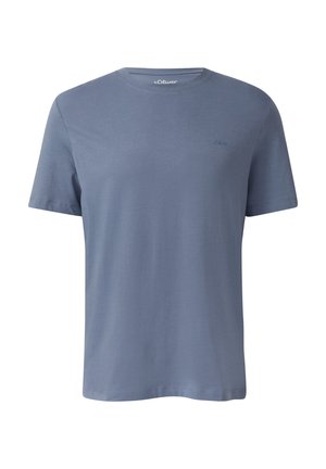 Eenvoudig t-shirt met korte mouwen en ronde hals in gedempt blauw met een klein geborduurd logo op de linkerkant van de borst.