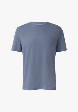 Eenvoudig t-shirt met korte mouwen en ronde hals in gedempt blauw met een klein geborduurd logo op de linkerkant van de borst.