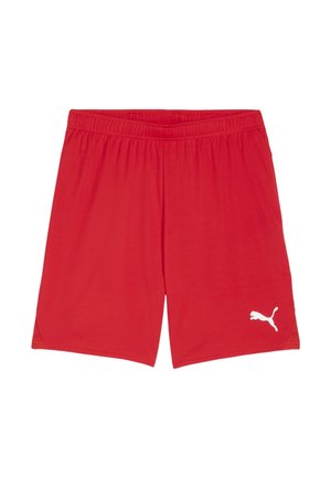 Rote Sportshorts aus leichtem Material mit einem elastischen Bund und einem weißen Puma-Logo am linken Bein.