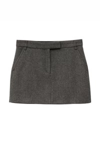 Grauer Minirock mit Struktur, geradem Schnitt, seitlichen Taschen und Gürtel schlaufen. Hergestellt aus einem Wollmischgewebe mit dezentem Fischgrätmuster.