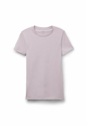 T-shirt uni à manches courtes et col rond en lavande clair, présenté à plat sur un fond blanc.