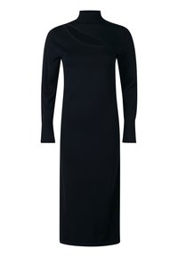 Abito nero a maniche lunghe con collo alto, caratterizzato da un taglio diagonale sul petto e una silhouette aderente. Tessuto a maglia.