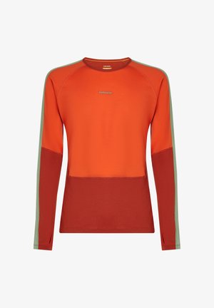 Men’s long-sleeve orange and rust color-block athletic shirt with green stripes on sleeves and thumb holes, branded "icebreaker" on chest.