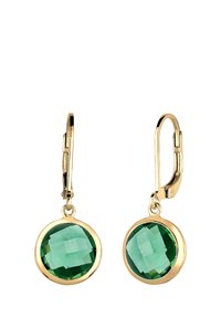 Pendientes de aro de oro con grandes piedras verdes redondas y facetadas. Acabado metálico liso con una superficie brillante y un diseño de clip seguro.