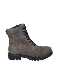 Botín de cuero gris hasta el tobillo con diseño de cordones, suela de goma y suela resistente. Presenta costuras en contraste y un collar acolchado para mayor comodidad.