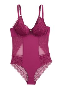 Bodysuit bordeaux avec des détails en dentelle, des bonnets rembourrés, des bretelles ajustables et des panneaux en mesh. Présente une fermeture avant décorative et des bords festonnés.