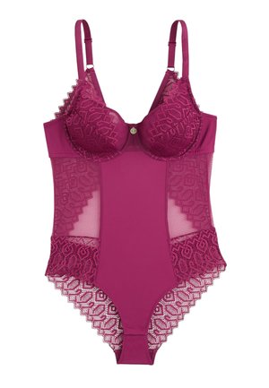 Bodysuit bordeaux avec des détails en dentelle, des bonnets rembourrés, des bretelles ajustables et des panneaux en mesh. Présente une fermeture avant décorative et des bords festonnés.