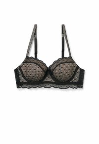 Black bra with polka dot pattern, lace trim, underwire cups, adjustable straps, and a scalloped edge. Sheer fabric with textured details.
