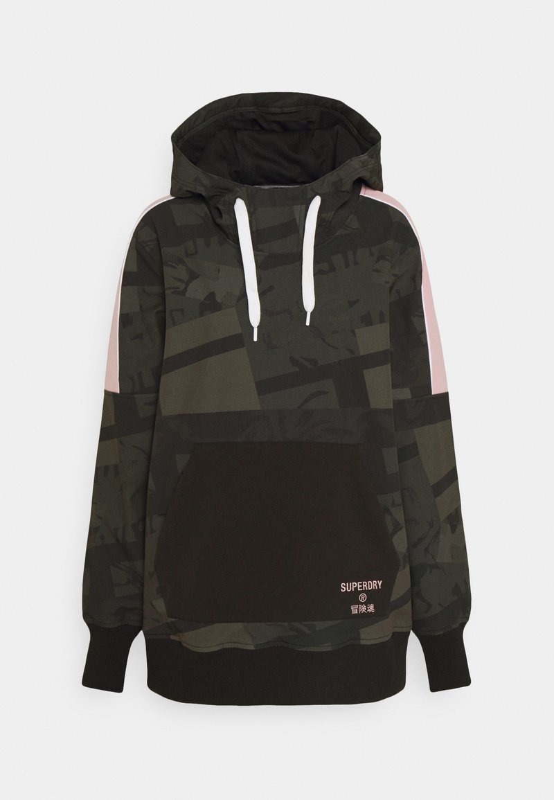 Hooded sweatshirt featuring a camouflage pattern, black and dark green colors, white drawstrings, and a front kangaroo pocket with logo detail.
