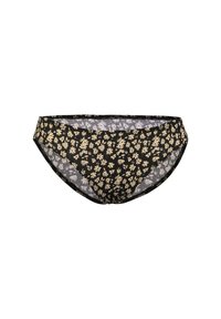 Parte de baixo de bikini preta com um padrão floral em branco e bege. Apresenta uma textura suave e uma cintura elástica para conforto e ajuste.