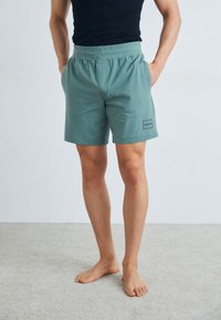 Shorts bleu-vert clair avec une taille élastique et des poches latérales. Présente un petit patch de logo noir sur la cuisse gauche. Matière en coton lisse.