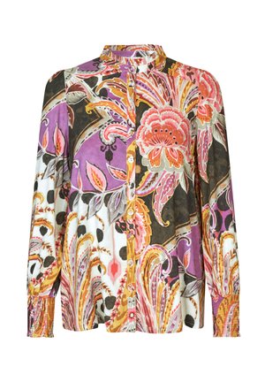 Langarmshirt in een kleurrijk bloemen- en paisleypatroon met paarse, oranje en zwarte accenten. Zachte stof met een knoopsluiting aan de voorkant.