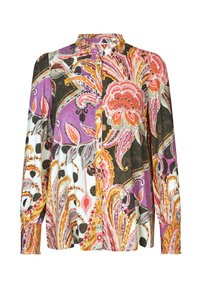 Camicia a bottoni con un vivace motivo floreale e paisley in viola, rosa, arancione e nero, con maniche lunghe e colletto.