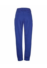 Blauwe joggingbroek met aansluitende pijpen, een elastische tailleband en boorden. Gemaakt van een zachte stof, met een gladde textuur en een klassieke uitstraling.