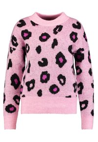 Maglione rosa lavorato a maglia con stampa leopardata nera e viola. Presenta un collo rotondo e polsini e orlo a costine per una finitura testurizzata.