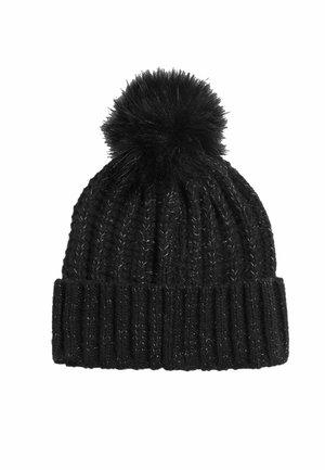 Black knitted beanie with a ribbed design and a fluffy pom-pom on top. Material appears soft with metallic thread accents.