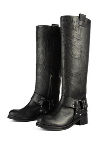 Black knee-high boots made of textured leather, featuring a buckle and stud accents at the ankle, with a low block heel.