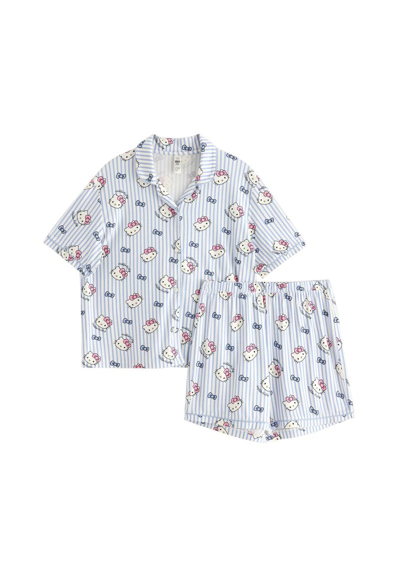 Puuvillainen pyjama-setti, johon kuuluu lyhythihainen napitettava paita ja shortsit. Vaalea sininen, jossa on pystysuoria raitoja ja Hello Kitty -kuvioita, joustava vyötärö.