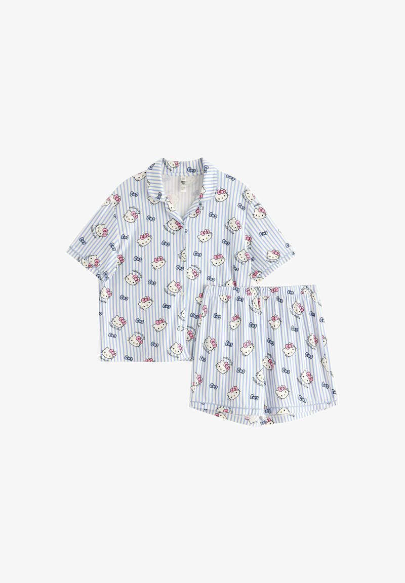 Cotton pajama set featuring a short-sleeve button-up shirt and shorts. Light blue with vertical stripes and a Hello Kitty print, elastic waistband.